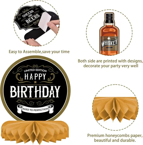 Vista 6 de Decoraciones de fiesta de cumpleaños con patrón de whisky para hombres, centro de mesa de whisky en forma de panal, decoraciones de mesa