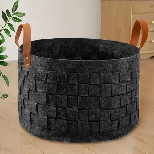 Vista 9 de BOLDMONEKY Cesta para Mantas 20" x 20" x 11.8", Canasta Redonda Grande para Ropa Sucia con Mango de Cuero, Cesta Tejida Suave para Juguetes de Perro