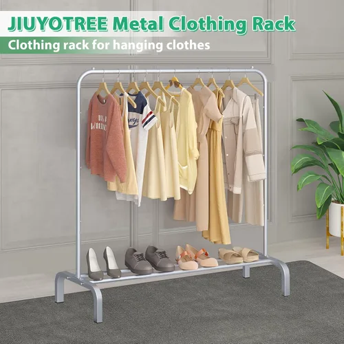 Vista 2 de JIUYOTREE Perchero de Metal para Ropa de 43.3 Pulgadas Perchero de Ropa Abrigos con Estante Inferior Perchero de Ropa para Colgar Ropa Abrigos Gris