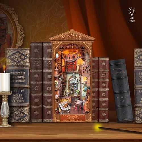 Vista 2 de Book Nook Kit DIY Dollhouse Book Nook Bookshelf Insert Decor,Creative 3D Wooden Puzzle Bookend,DIY Wooden Bookends Model Build-Creativity Kit with