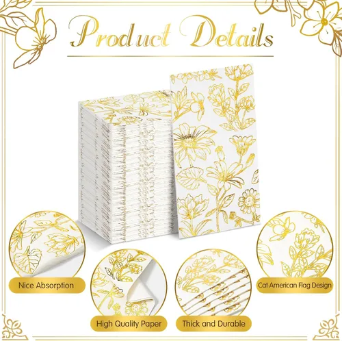 Vista 3 de Pasimy 100 servilletas de papel dorado desechables para invitados, servilletas de cóctel de papel floral, elegantes toallas de mano para cena