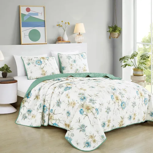 Vista 21 de ESCA - Juego de colcha de 3 piezas, tamaño Queen, con estampado de girasoles amarillos reversible, floral negro y verde 04 Soleado