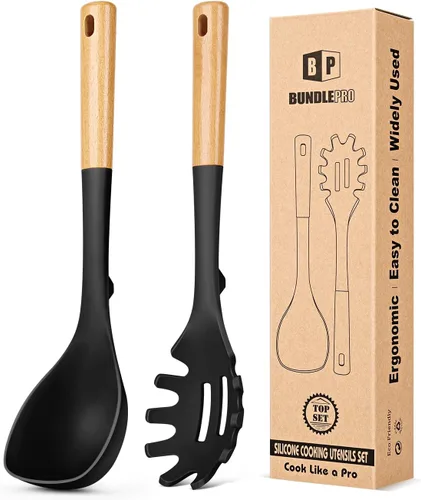 Vista 8 de Juego de cucharón de sopa de silicona y cuchara de espagueti con mango de madera, utensilios de cocina antiadherentes resistentes al calor para Gris