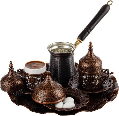Juego completo de preparación y servicio de café turco, griego y árabe DEMMEX con tazas, platillos, tapas, azucarero, bandeja y cafetera de cobre,