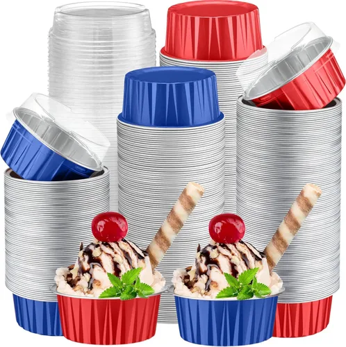 Vista 26 de Paquete de 200 forros de papel de aluminio para cupcakes con tapas, taza redonda de 5 onzas para hornear, recipiente desechable para Ramadán, Negro