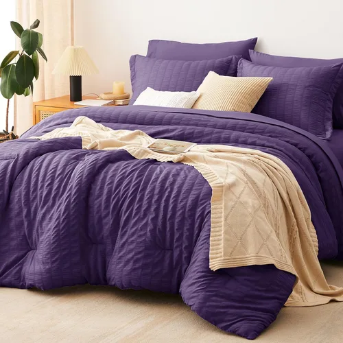 Vista 33 de CozyLux - Juego de edredón doble con sábanas de 5 piezas, color blanco con textura de sirsaca en una bolsa para niñas, juego de ropa de cama de lujo