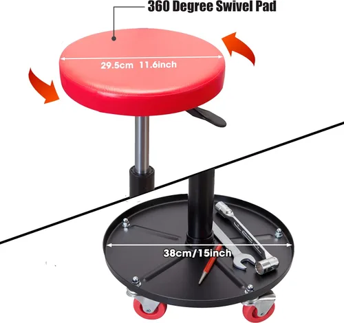 Vista 3 de Torin ATRHL6201B Asiento de garaje/taller neumático rodante resistente: Taburete mecánico acolchado ajustable con almacenamiento para herramientas