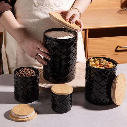 Vista 6 de Sweejar Juego de recipientes de cerámica para encimera de cocina, tarro de almacenamiento de alimentos en relieve con tapa de bambú, recipiente