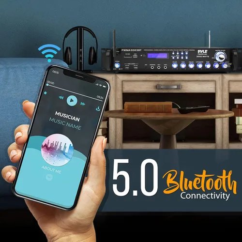 Vista 4 de Altavoz amplificador híbrido Bluetooth de 3000 W, preamplificador de alta potencia con 2 micrófonos de mano inalámbricos VHF, lectores