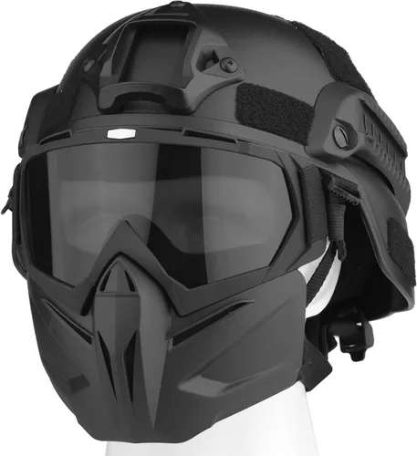 Vista 14 de Casco y máscara de Airsoft, máscara de cara completa con gafas desmontables, casco negro de paintball con soporte NVG y riel lateral, equipo táctico