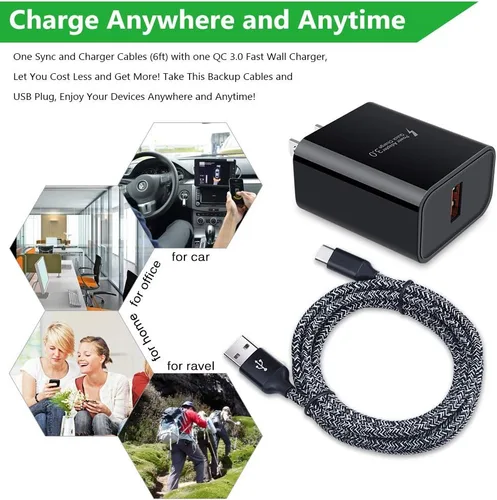 Vista 6 de Cargador de pared USB de carga rápida 3.0 con cable tipo C de 6 pies para Samsung Galaxy S26 S25 S24 S23 S22 S21 S20 FE A57 A37 A17 A56 A36 A26 A16