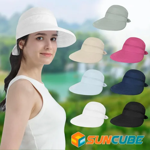 Vista 8 de SUN CUBE Sombrero de sol para mujer para protección UV al aire libre, sombrero de sol de ala ancha, cola de caballo, sombrero de playa convertible