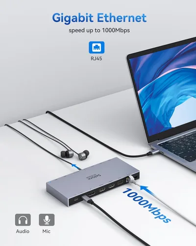 Vista 8 de Selore Docking Station 3 monitores, concentrador USB-C 15 en 1 con adaptador de alimentación PD de 100 W y 65 W, HDMI 4K dual, DisplayPort, USB-A/C