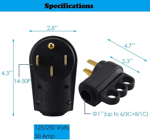 Vista 4 de Veepeak 50 Amp Enchufe macho de reemplazo para RV NEMA 14-50P de servicio pesado 125V/250V de 4 clavijas con conector de extensión de energía