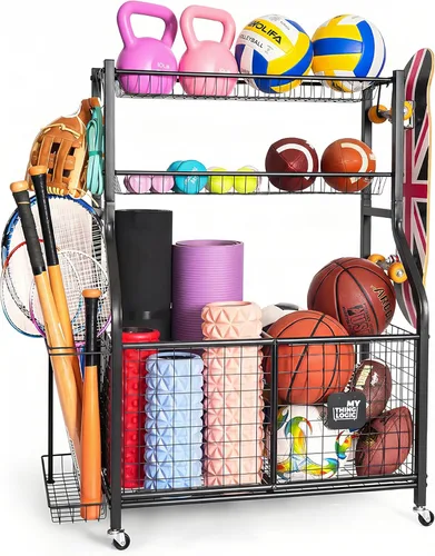 Mythinglogic Organizador de garaje para equipos deportivos, almacenamiento de bolas de garaje para equipo deportivo y juguetes, carrito de bolas