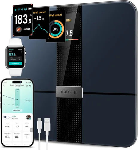 Vista 17 de Etekcity Báscula de baño para peso corporal e IMC, báscula digital Bluetooth mejorada, pantalla de retroiluminación LCD azul grande, medidas de alta