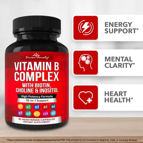 Vista 6 de Divine Bounty Vitaminas del complejo Super B, todas las vitaminas B, incluyendo B12, B1, B2, B3, B5, B6, B7, B9, ácido fólico, suplemento