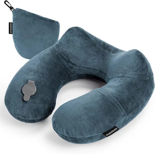 Vista 9 de Rewondah Almohada inflable de viaje para avión dormido, almohada inflable para el cuello para viajar en avión con funda lavable, almohada de viaje