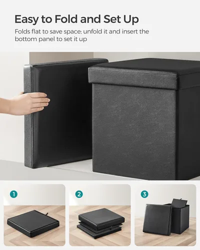 Vista 6 de SONGMICS cubo de almacenamiento de piel sintética, asiento, 15 pulgadas, Madera, Negro