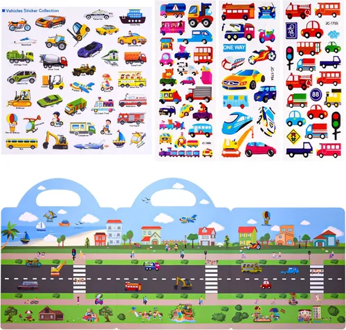 Vista 3 de ASTARON 88 Piezas Libro de Calcomanías de Vehículos para Niños Pequeños, Libros de Calcomanías 3D Reutilizables Actividades de Viaje por Carretera
