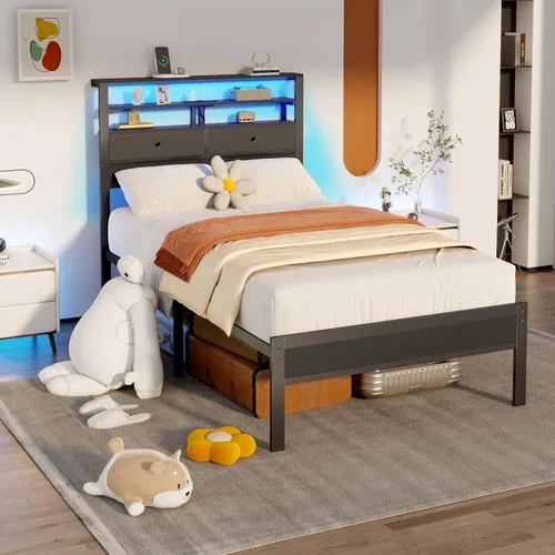 Vista 7 de Furnulem Base de cama individual con estación de carga y luces LED, cabecera de madera con 2 cajones de tela y estantes de almacenamiento, cama