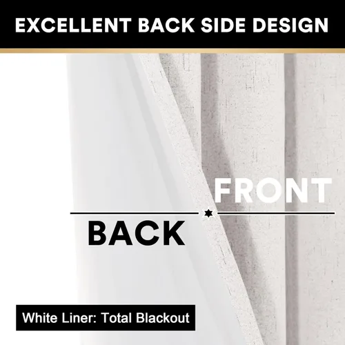 Vista 251 de PrinceDeco Cortinas con textura de lino 100% opacas de 64 pulgadas de largo, juego de 2 paneles de cortinas de lino opacas con forro aislante Arena