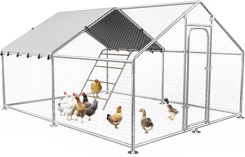 Vista 9 de Gallinero de metal grande con perca de gallo, jaula para aves de corral al aire libre con malla de alambre resistente y cubierta resistente a