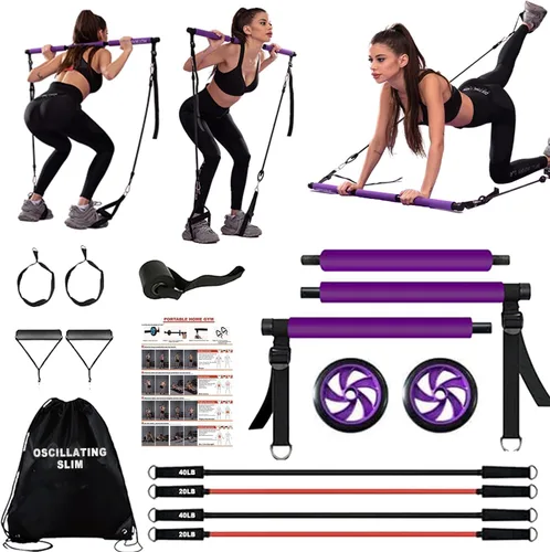 Vista 9 de Pilates bar kit Multiple Fitness bar with Resistance Bands, Ab Rollers.Core Strength Training Equipment. Squat Machine for Men and Women.Portable