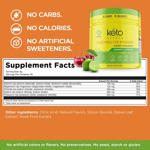 Vista 2 de Polvo de electrolitos Keto Vitals Electrolitos aptos para dietas keto con potasio, magnesio, sodio, calcio Suplemento de electrolitos keto