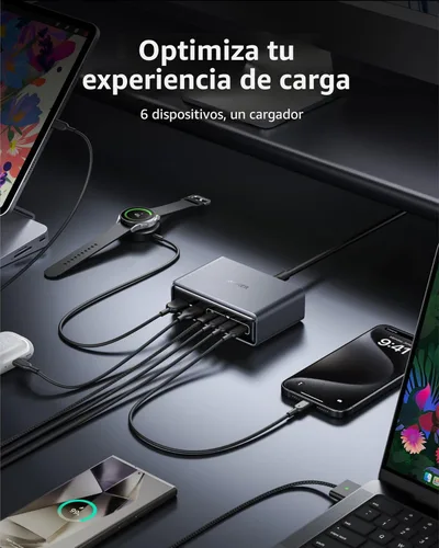 Vista 4 de Anker Estación de carga Prime, cargador de escritorio GaN de 6 puertos de 200 W, cargador USB C de carga rápida para múltiples dispositivos