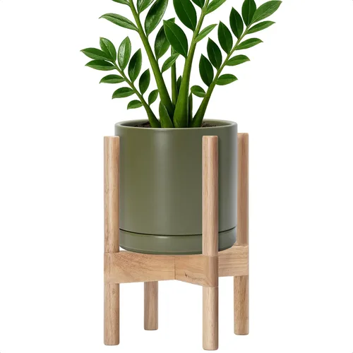Vista 105 de D'vine Dev Maceta de cerámica con soporte de ébano – Maceta redonda moderna de 8 pulgadas con soporte para maceta de madera, color negro, 55-B-M-2