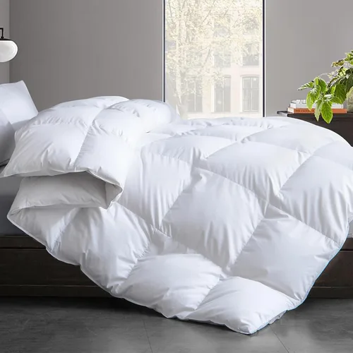 Vista 14 de Edredón de plumas y plumón tamaño Queen, funda 100% algodón, relleno de edredón de plumas negras para todas las estaciones, ropa de cama de lujo