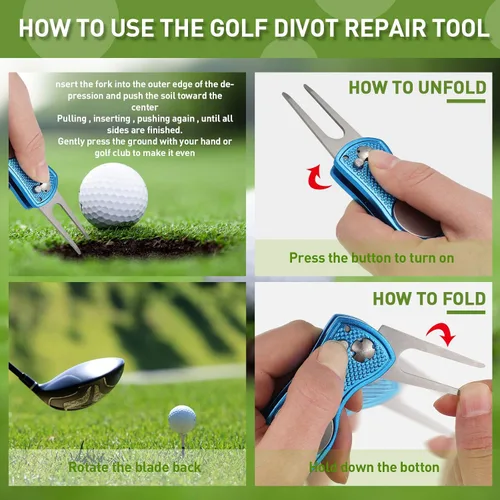 Vista 4 de Skylety 3 piezas de herramientas de reparación de golf Divot de acero inoxidable, plegable, magnético, herramienta de reparación de marcadores