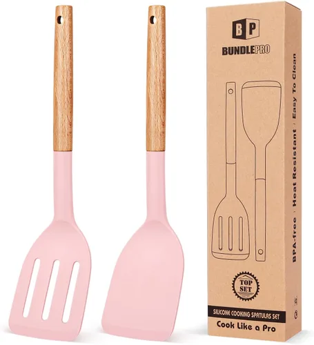 Vista 10 de Paquete de 2 espátulas de cocina de silicona, volteador sólido resistente al calor, espátulas ranuradas antiadherentes con mango corto de madera