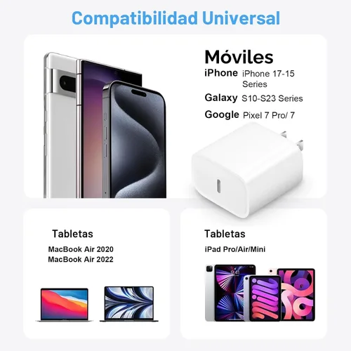 Vista 5 de Cargador de carga rápida para iPhone 17, 16, 15, paquete de 2+2 cargadores de pared USB C de 20 W con cable de carga rápida de 6 pies compatible