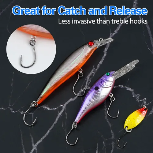 Vista 7 de Inline Single Hooks, Inline Fishing Hooks for Treble Hook Replacement Lures Plugs Baits Large Eye with Barbed Saltwater Freshwater Fishing, #4#2#1