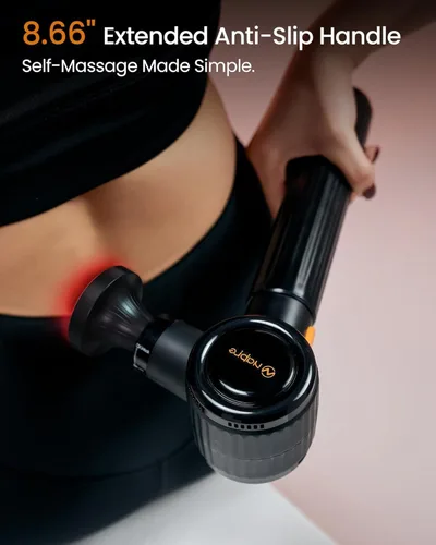Vista 12 de NAPRE Pistola de masaje con calor, pistola de masaje de tejido profundo con mango de extensión y 3 ángulos ajustables, masajeador de espalda de Negro