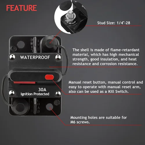 Vista 4 de Paquete de 3 fusibles de interruptor de circuito de audio estéreo de 30 amperios de 12-48 VCC de 12 a 48 VCC, fusibles de interruptor de botón