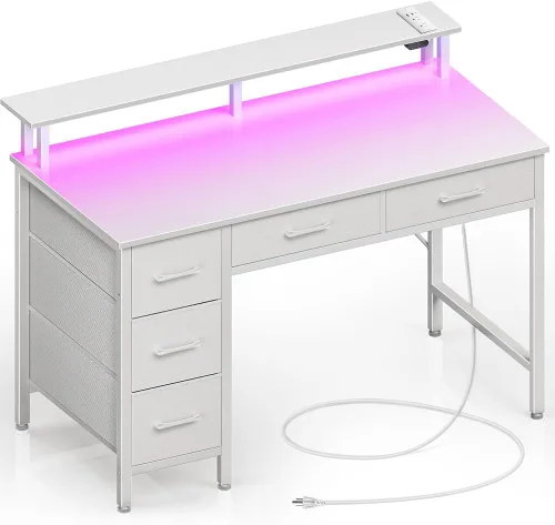 Vista 10 de Seventable Escritorio de Computadora con Tomas de Corriente y Luz LED, Escritorio de Oficina en Casa de 39 Pulgadas con 5 Cajones, Escritorio