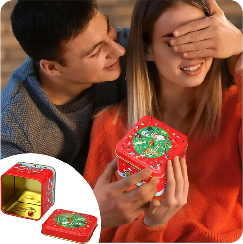 Vista 6 de Uiifan 12 latas pequeñas de galletas de Navidad con tapas, 12 estilos, latas cuadradas de dulces navideños, cajas pequeñas de metal para dulces