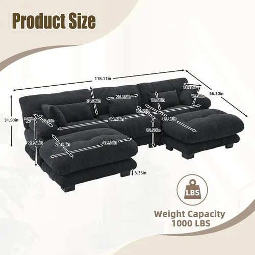 Vista 2 de Sofá modular modular en forma de nube, sofá de 3 plazas tapizado de terciopelo de 3 plazas con 2 otomanas móviles para sala de estar, oficina