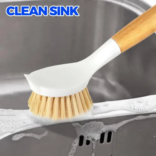 Vista 9 de Holikme Juego de 3 cepillos para platos con mango de bambú, cepillos de cocina para limpiar ollas, fregadero y estufa, limpiador de sartén