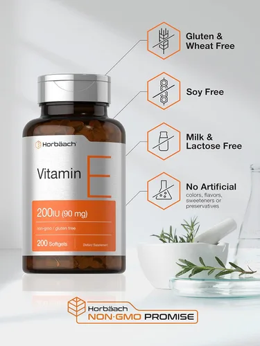Vista 4 de Horbäach Cápsulas de cápsulas blandas de vitamina E de 200 UI Suplemento de 90 mg 200 unidades Fórmula sin OMG y sin gluten