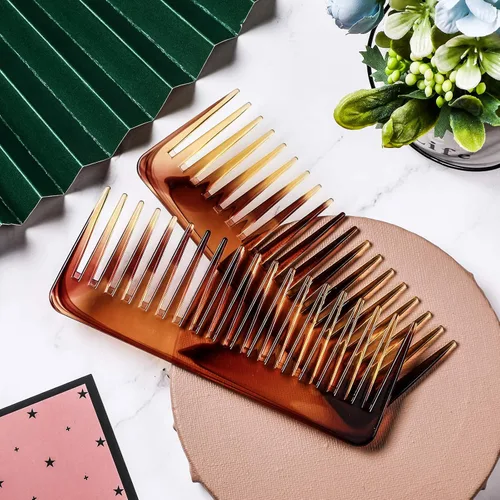 Vista 4 de Patelai Peine de dientes anchos para cabello rizado, húmedo y seco, accesorios desenredantes sin mango (marrón)