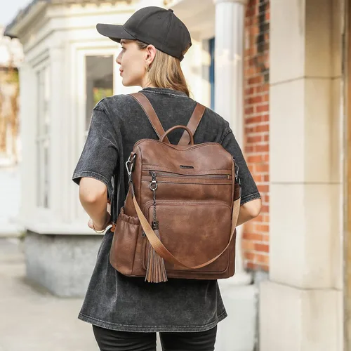 Vista 2 de CLUCI - Morral para mujer diseño de cuero para viajes bolso grande de hombro con borla