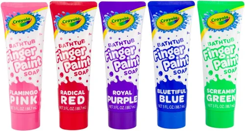 Crayola Pintura para Bañera de Dedos 5 Colores, Tubos de 3 Onzas (Azul Hermoso, Verde Gritón, Rojo Radical, Rosa Flamingo, Púrpura Real) Colorea Tu