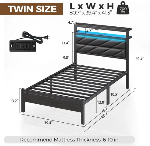 Vista 2 de Seventable Base de cama individual con estación de carga y luces LED, cabecera tapizada con estantes de almacenamiento de 2 niveles, plataforma