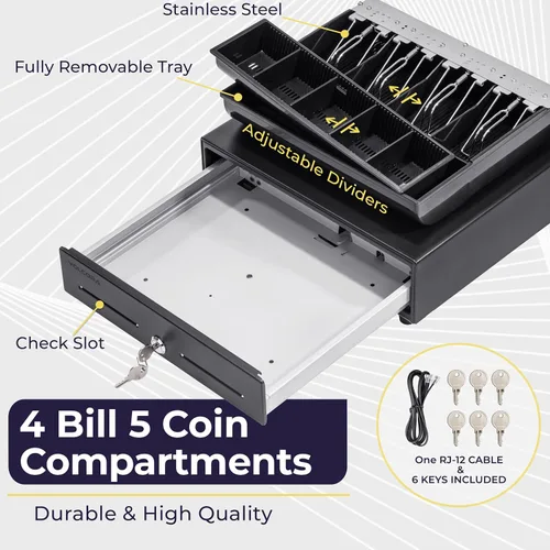 Vista 3 de Volcora Cajón de caja registradora de 13 pulgadas para sistema de punto de venta (POS) con bandeja de efectivo de 2 niveles totalmente extraíble, 4