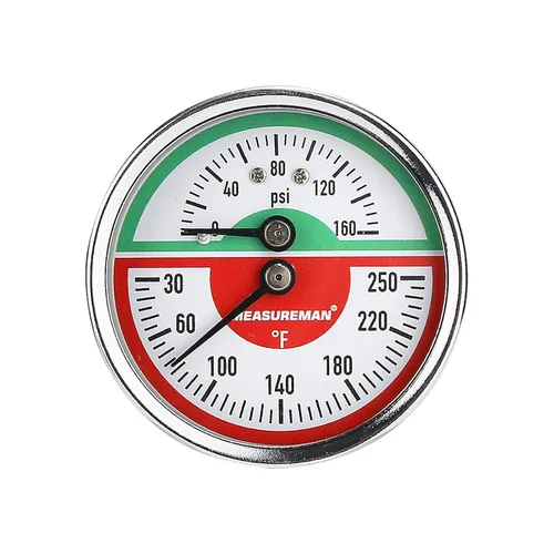 MEASUREMAN Tridicator, Medidor de presión termo-manómetro, esfera de 2-1/2 pulgadas, 0-160 psi/30-250 grados F, caja de hierro negro, montaje