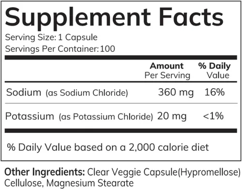 Vista 6 de Cápsulas de electrolitos – Suplemento de hidratación de sodio y potasio – Sin azúcar, sin edulcorantes, sin saborizante, sin yodo – 100 cápsulas